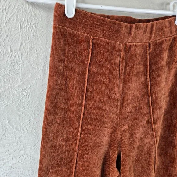 Velour Flare Pant XS Brown High Waist Pull on Stretchy Pintuck Trouser Retro 70s - Picture 5 of 12